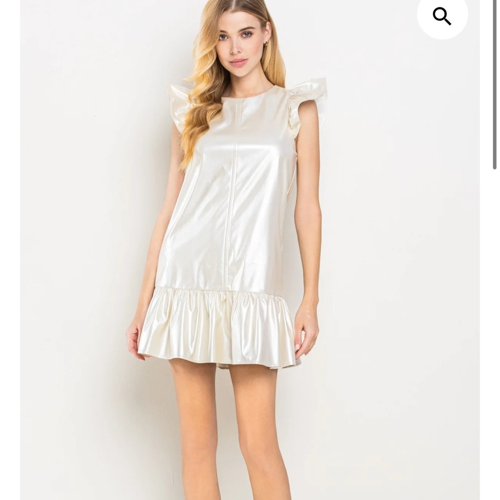 TCEC Cream Ruffle Mini Dress Faux Leather